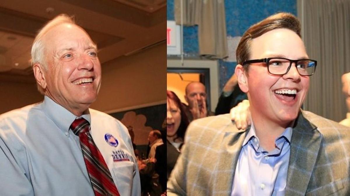 David Dennis, left, greets supporters at a watch party on Tuesday. Michael O’Donnell, right, heads to the podium to give a victory speech on Tuesday. (Nov. 8, 2016)