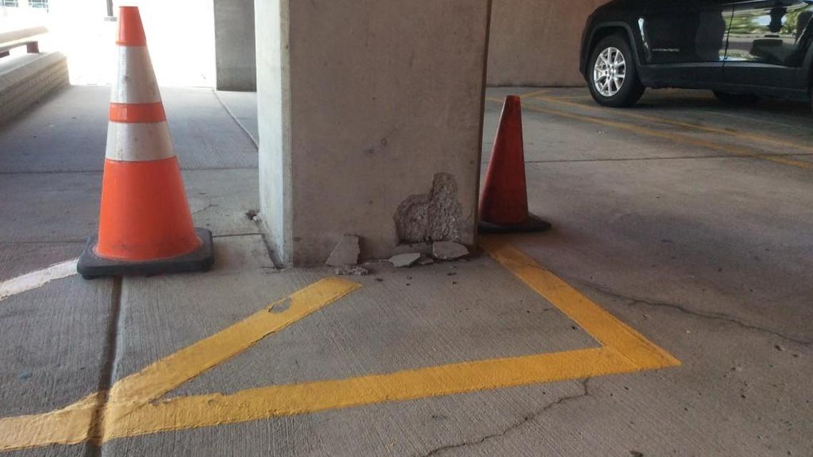 This support structure in the City Hall parking garage had some surface-level damage after a September earthquake in Oklahoma.