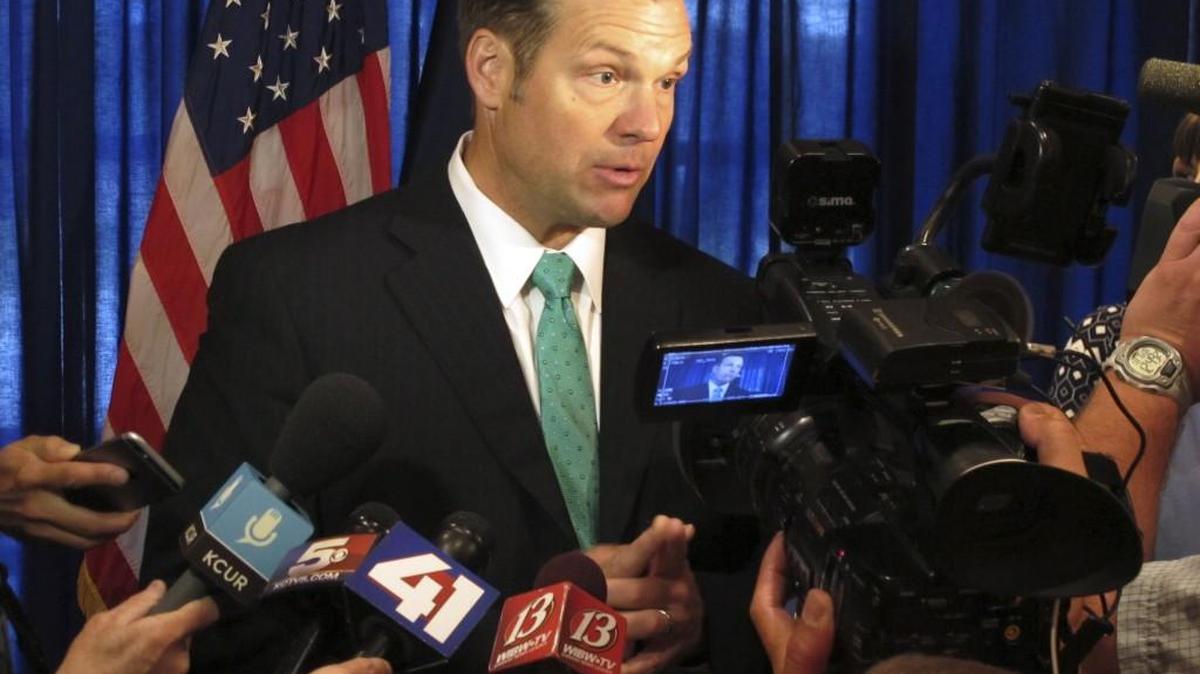 Kansas Secretary of State Kris Kobach speaks to supporters last month in Lenexa.