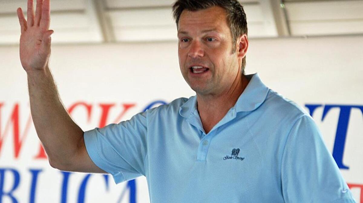 
Secretary of State Kris Kobach speaks at the Sedgwick County Republican Party picnic Saturday.
