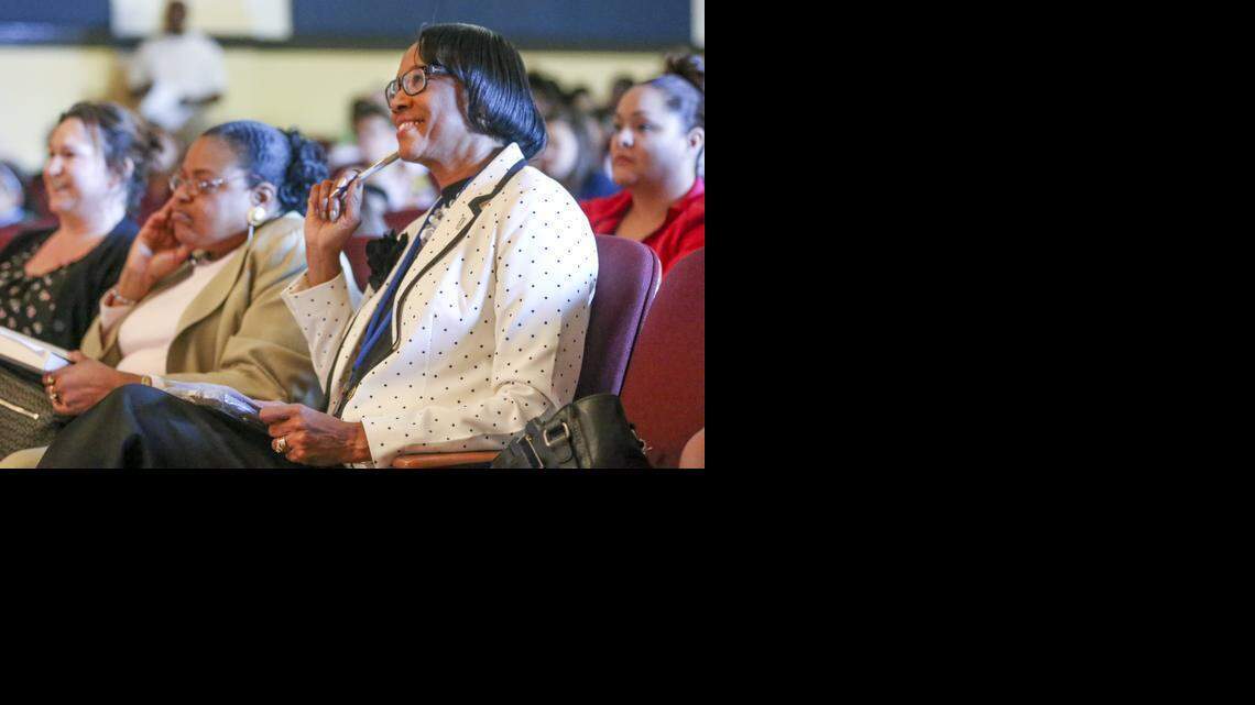 
Wichita City Council member Lavonta Williams judges contestants at the 20th Annual YMCA Middle School After School program talent show at Marshall Middle School. (April 8, 2014)
