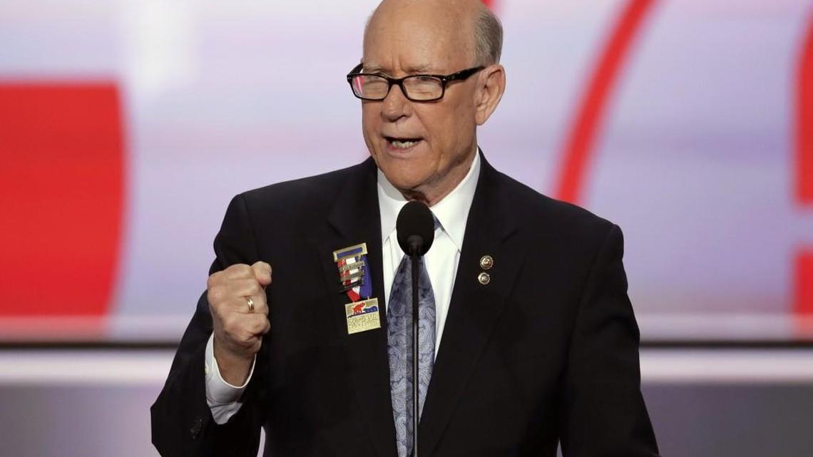 Sen. Pat Roberts, R-Kan., addresses the opening day of the Republican National Convention in Cleveland. Roberts and a few fellow Senate Republicans have introduced a bill that would permanently defund abortion and require insurance disclosure. (July 18, 2016)