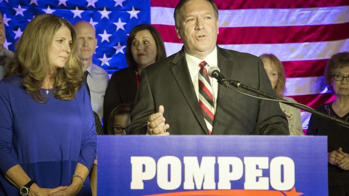 Mike Pompeo, with wife Susan, announced his win over challenger Todd Tiahrt in 2014.
