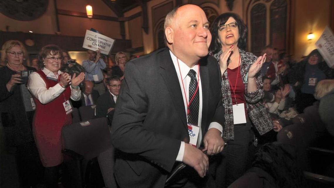 Ron Estes is congratulated Thursday night by his wife, Susan, right, and others after being nominated by Kansas Republicans to seek the 4th District seat vacated by Mike Pompeo after Pompeo resigned it to head the CIA. (Feb. 9, 2017)