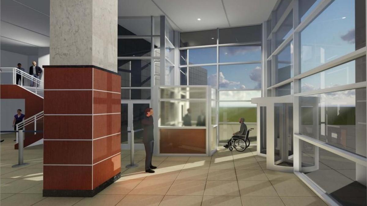 An artist’s illustration of an enclosure for gun lockers in the north part of the Sedgwick County courthouse lobby at 525 N. Main.