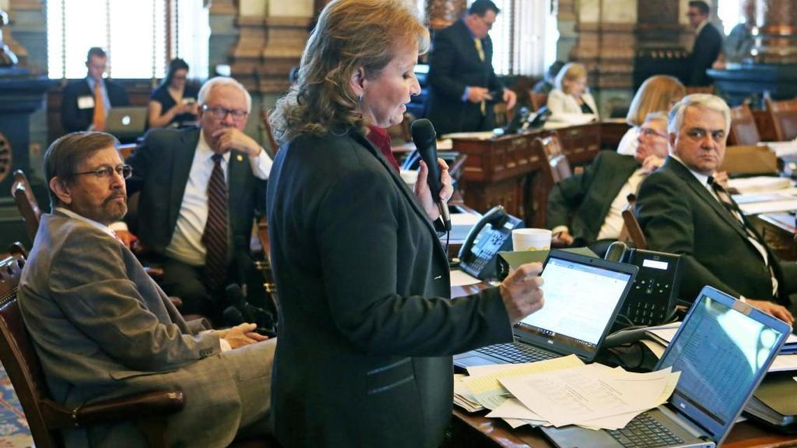 Sen. Caryn Tyson, R-Parker speaks during Senate debate in Topeka on Thursday, on a bill to turn Kansas into a flat-tax state. The bill was ultimately turned down.