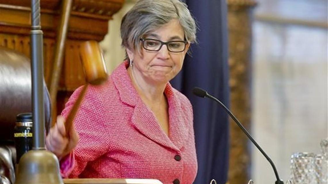 Kansas Senate President Susan Wagle uses a gavel to bring the Senate into recess in 2015. Wagle, R-Wichita, said the president “has stoked the fires of anger and hostility by his responses to some events that have happened in the past and it’s not helping us resolve our relationship issues with those who enforce the law.”