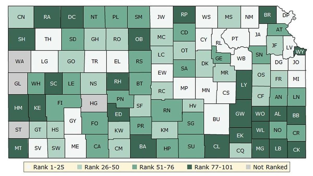 A map showing each county’s health ranking relative to other Kansas counties.