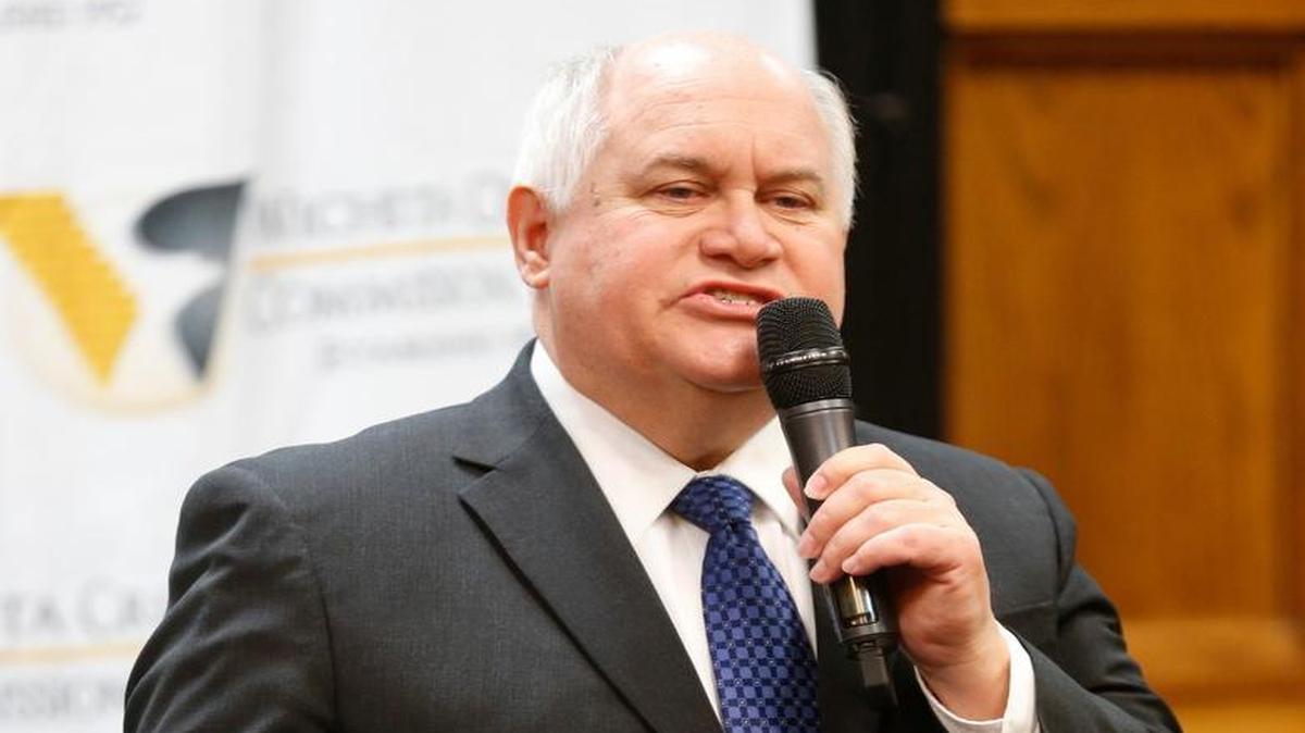 Republican Ron Estes speaks at the Wichita Crime Commission debate Thursday. Estes is running against Democrat James Thompson and Libertarian Chris Rockhold to replace Mike Pompeo in Congress. (March 23, 2017)