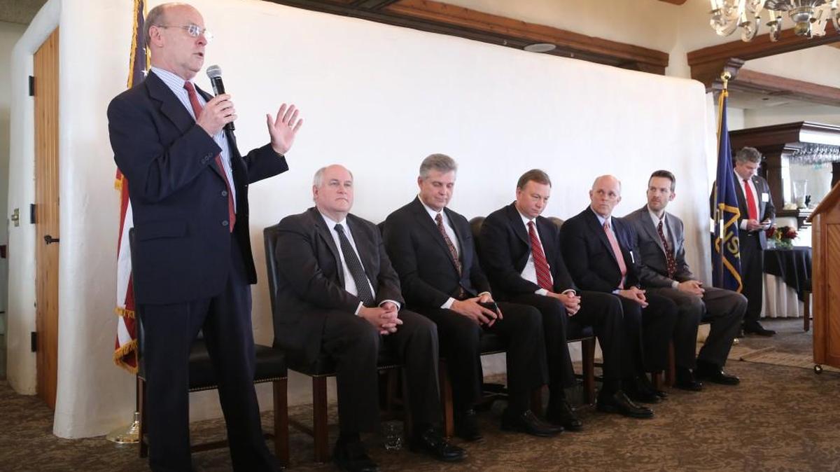 Six of the major Republican candidates to replace Rep. Mike Pompeo debate at Pachyderm Club on Friday afternoon: From left, Pete Meitzner, Ron Estes, Todd Tiahrt, Allen Cobb, George Bruce and Joseph Ashby.