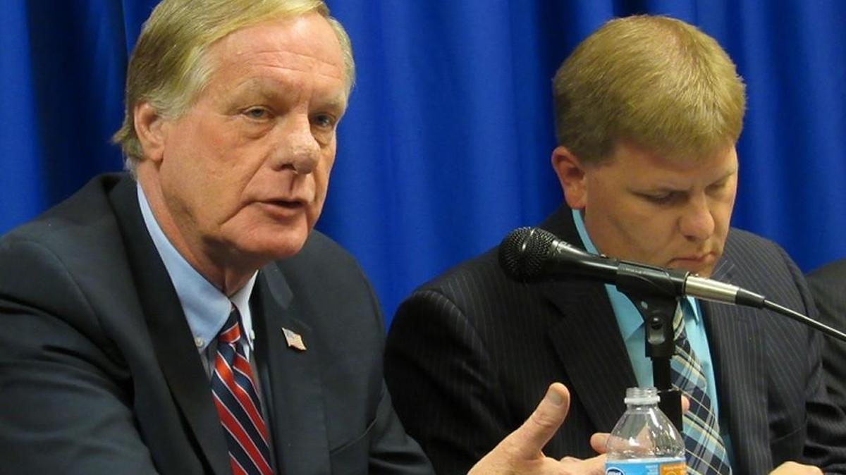Kansas Revenue Secretary Nick Jordan, left, and Budget Director Shawn Sullivan talk to reporters Tuesday about proposed changes to the state’s revenue estimating process.