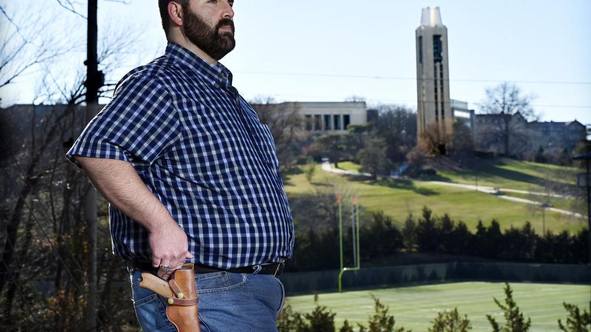 Joshua Young, a 37-year-old social work student at KU, is an advocate for the rights of students to carry firearms on campus. Young thinks the number of deaths in the recent attacks, including San Bernardino, could have been reduced if the victims had been armed.