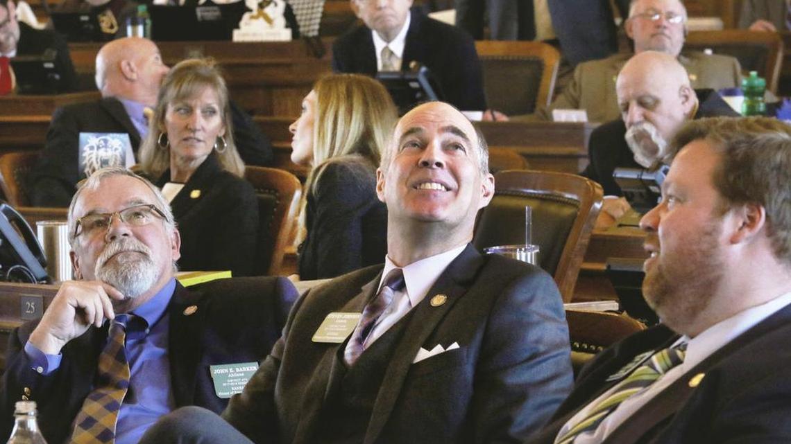 House Tax Committee Chairman Rep. Steven Johnson, R-Assaria, watches the tally board Wednesday as a vote is taken on House Bill 2178. The House, with no debate, gave early approval by a robust margin Wednesday to legislation increasing personal income taxes and reinstating taxes on some businesses.