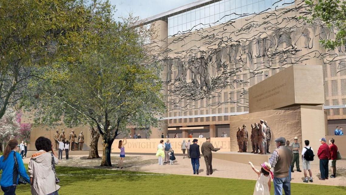 View of the tapestry from the memorial core. Image courtesy of The Eisenhower Memorial Commission, 2017. Memorial Design by Gehry Partners, LLP; Tapestry by Tomas Osinski; Sculpture by Sergey Eylanbekov