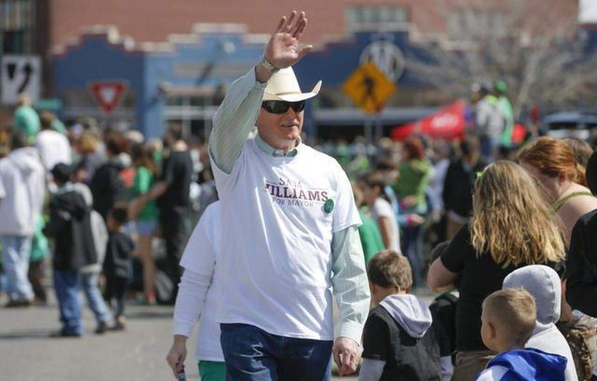 Mayoral candidate Sam Williams takes part in the St. Patrick’s Day parade in Delano on March 14. 