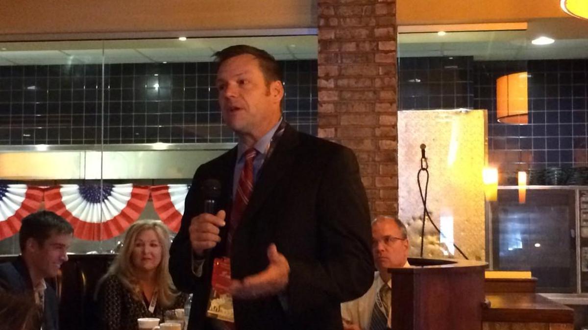 Kris Kobach speaks to Kansas delegates at the Republican National Convention in Cleveland on Monday morning.