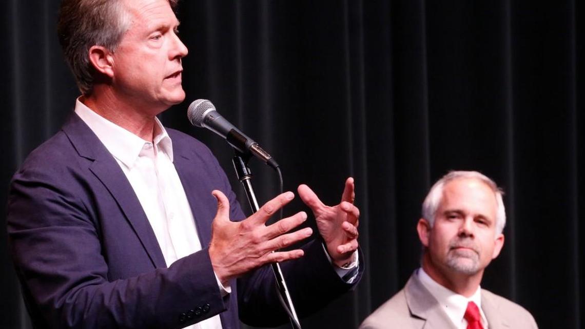 Roger Marshall, 1st District candidate for Congress, answers a question Monday night during a debate in Hutchinson with U.S. Rep. Tim Huelskamp. (June 27, 2016)