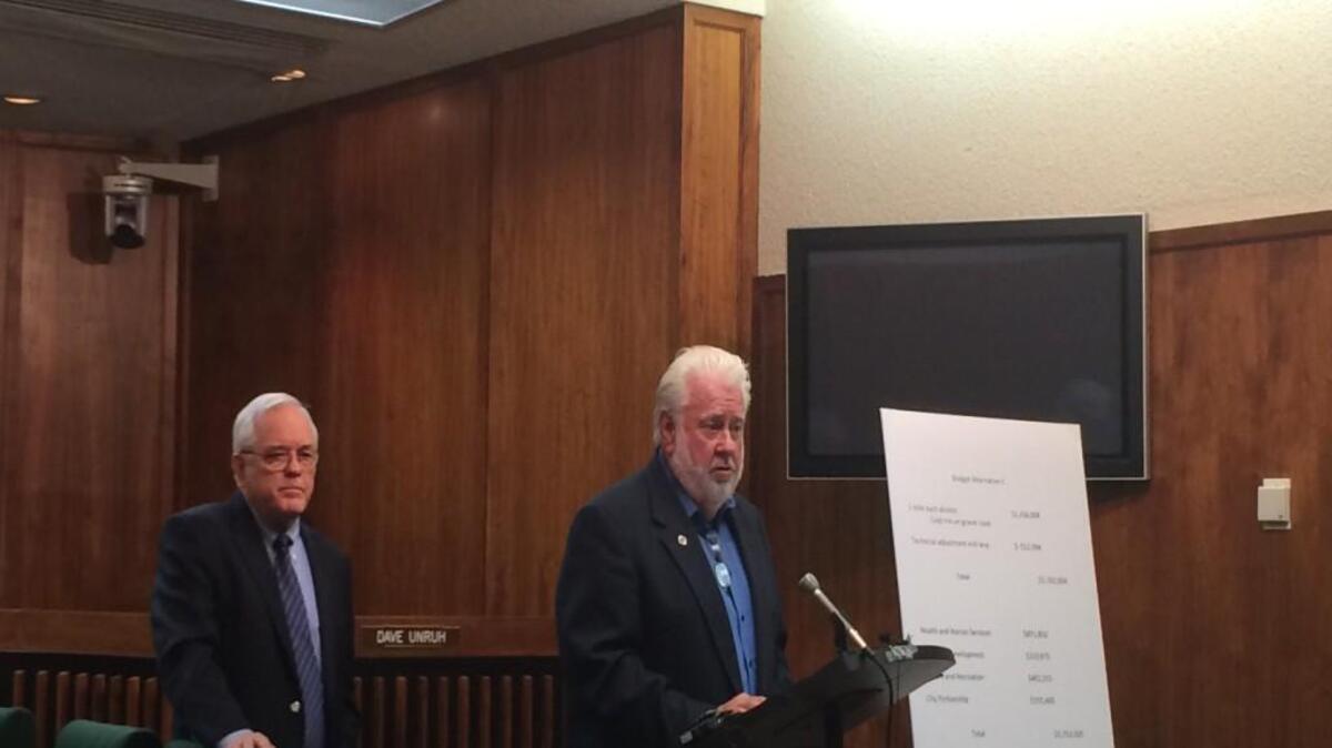 Commissioners Dave Unruh, left, and Tim Norton present an alternate budget proposal during last summer’s budget cycle. (Aug. 10, 2015)