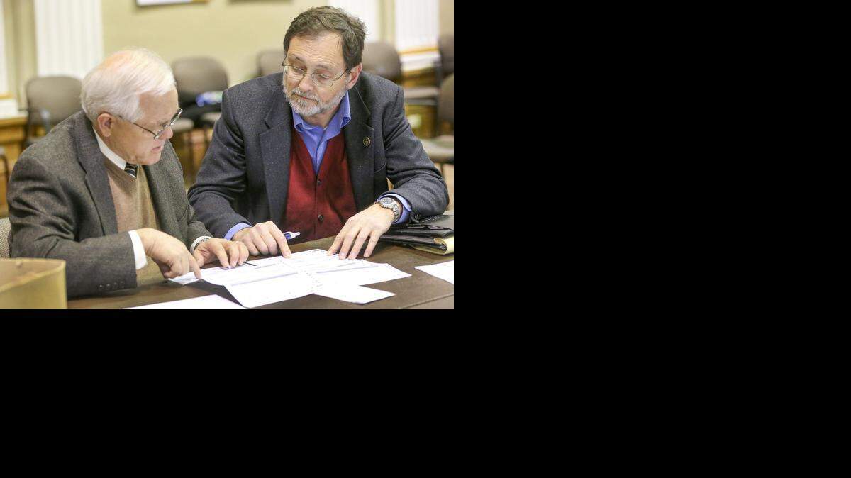 
Canvass board member Dave Unruh, left, and Karl Peterjohn check a manual vote during the vote canvass at the Historic County Courthouse on Thursday. 
