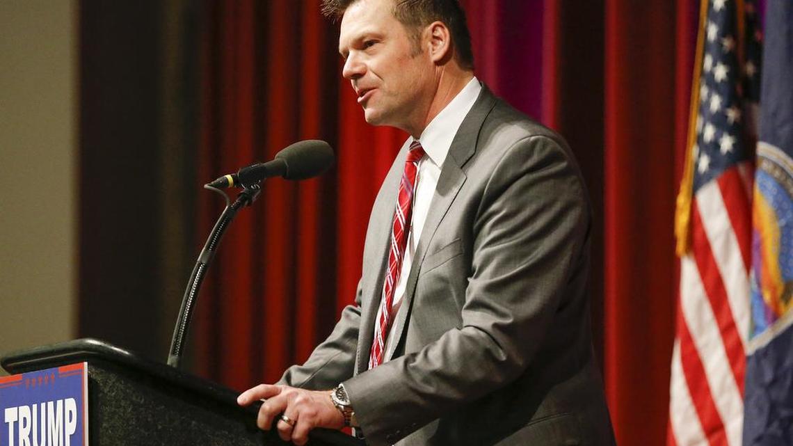 Kansas Secretary of State Kris Kobach at a rally in Wichita on March 5.