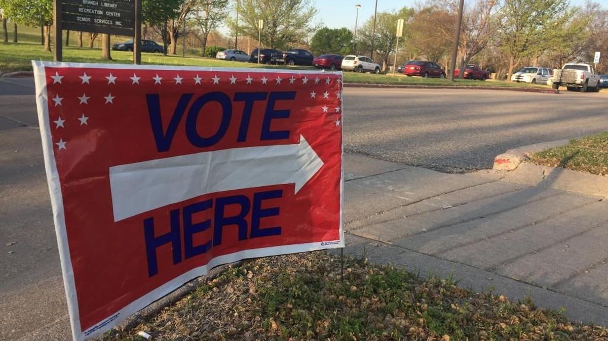 A voting sign outside of the polling place at Linwood Recreation Center in south Wichita on Tuesday. (April 11, 2017)
