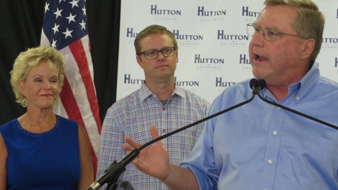Former state Rep. Mark Hutton speaks about his candidacy for the Republican nomination for governor with wife Mary and son Ben.