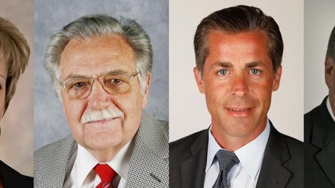 From left, Miranda Allen, a former Republican mounting an independent campaign; Libertarian Gordon Bakken, a retired aerospace engineer; Democrat Dan Giroux, an attorney; and U.S. Rep. Mike Pompeo.