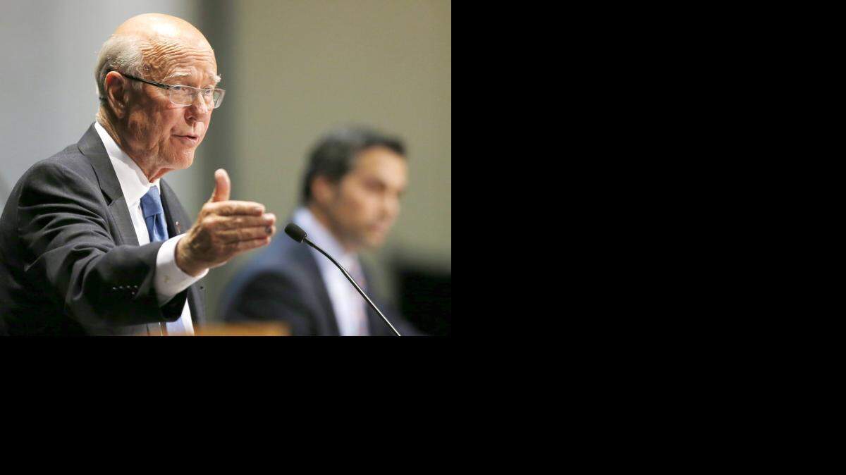 
Republican incumbent Pat Roberts, left, answers a question during a Senate debate with independent challenger Greg Orman, right, in Overland Park on Oct. 8, 2014.
