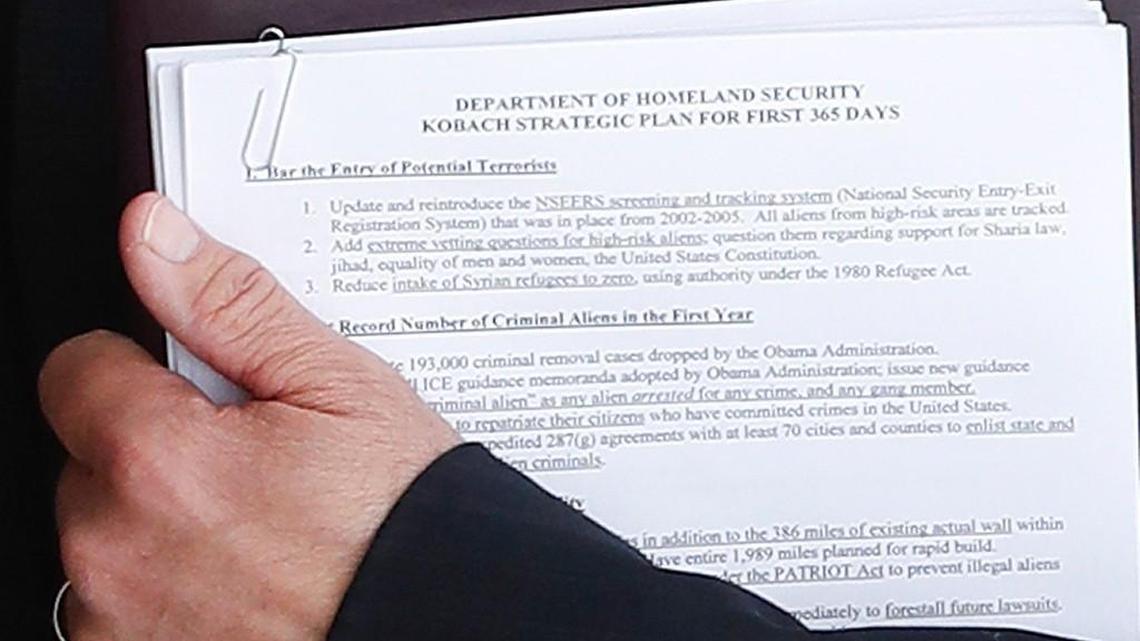 A close-up from a photo of President-elect Donald Trump greeting Kansas Secretary of State Kris Kobach at the Trump National Golf Club Bedminster clubhouse on Sunday