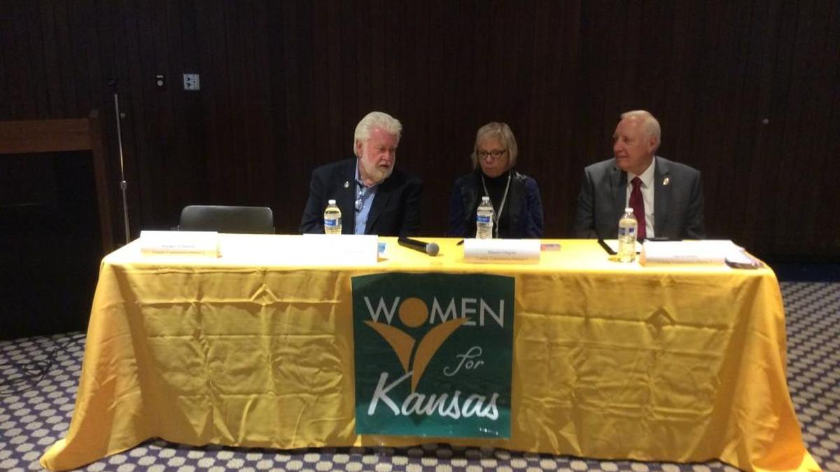Sedgwick County Commissioner Tim Norton, left, talks with Goddard Mayor Marcey Gregory and David Dennis, who are vying for the District 3 seat on the commission in November’s general election. Michael O’Donnell, who is challenging Norton for the District 2 seat, did not attend Saturday’s forum hosted by Women for Kansas at the Wichita Public Library.