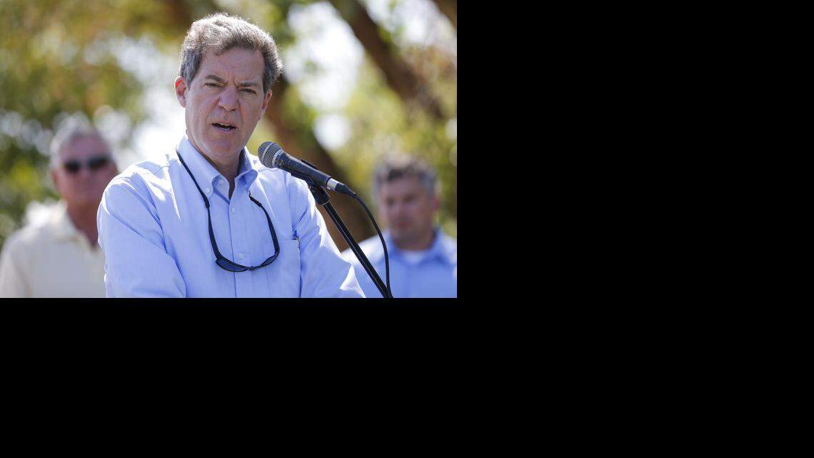 
Gov. Sam Brownback talks about his 50-year water plan for Kansas during an event Wednesday at Cheney Reservoir.
