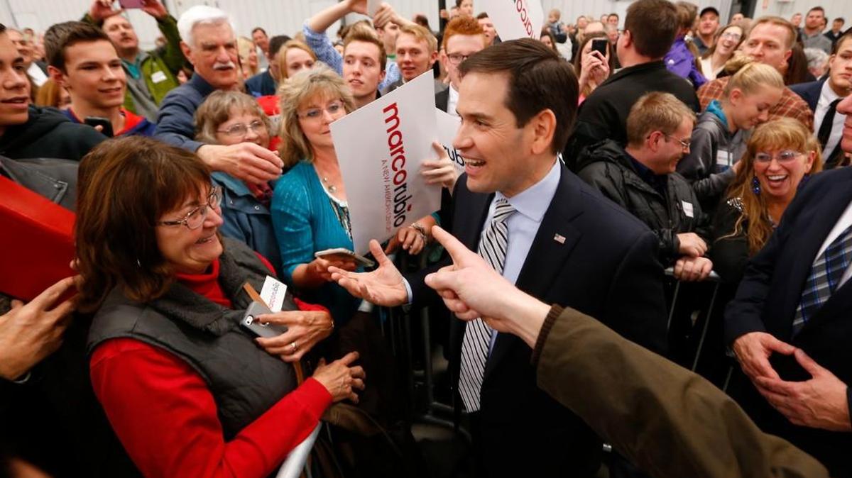 Republican presidential candidate Sen. Marco Rubio of Florida greets the audience at a campaign rally in Idaho Falls, Idaho. (March 6, 2016)