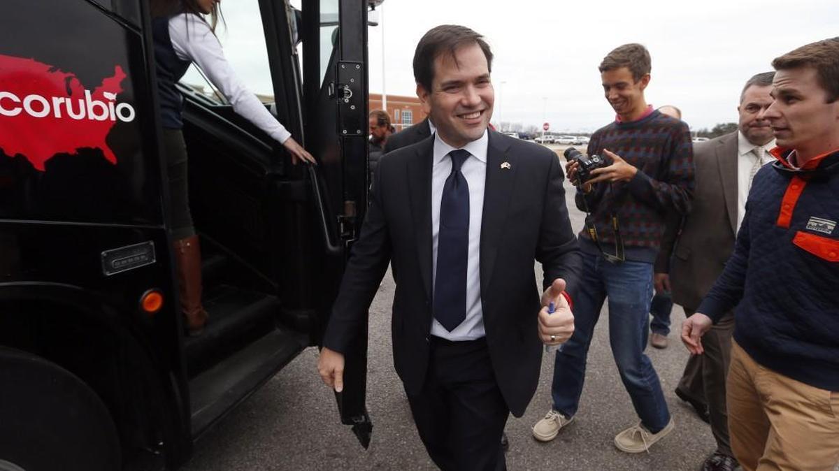 Republican presidential candidate, Sen. Marco Rubio, R-Fla., gives a thumbs-up after a campaign stop, Sunday, Feb. 14, 2016, in Easley, S.C.