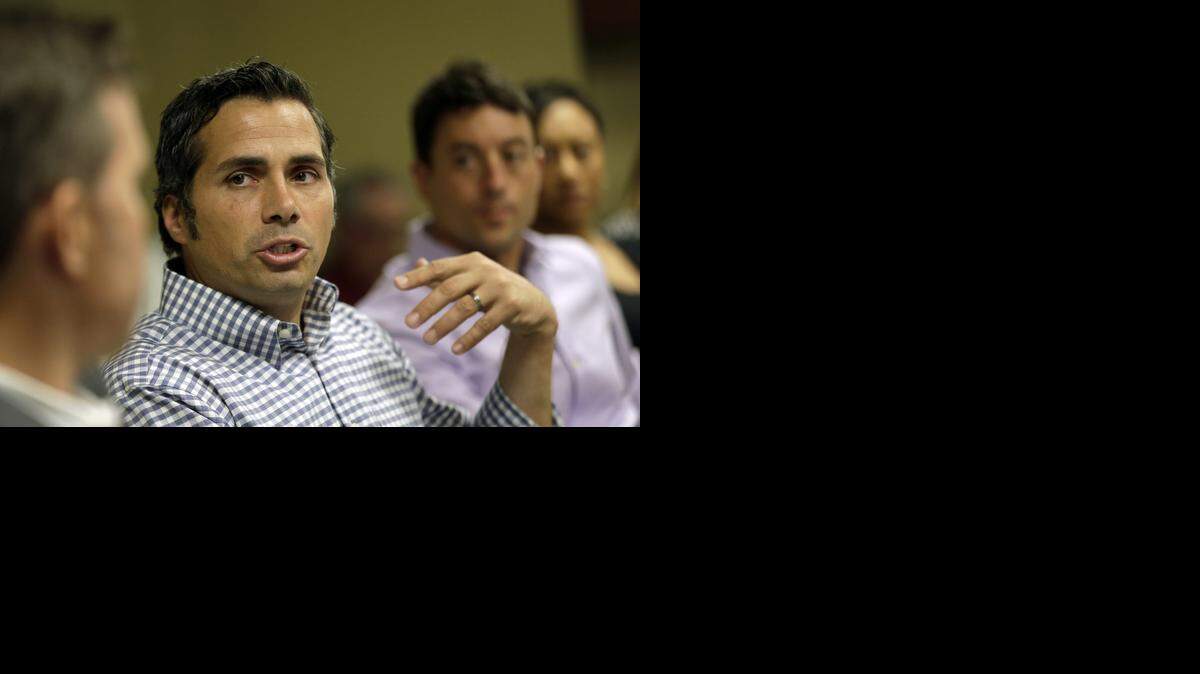 
Independent U.S. Senate candidate Greg Orman talks to workers at a healthcare company Sept. 10 in Overland Park Orman is campaiging to unseat veteran Republican Sen. Pat Roberts. 
