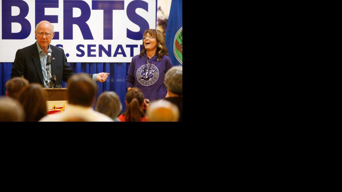 
Sarah Palin joins Sen. Pat Roberts at a pancake breakfast at the Independence Historical Museum and Art Center on Thursday. The two spoke to more than 250 people before serving pancakes and sausage. (Sept. 25, 2014)
