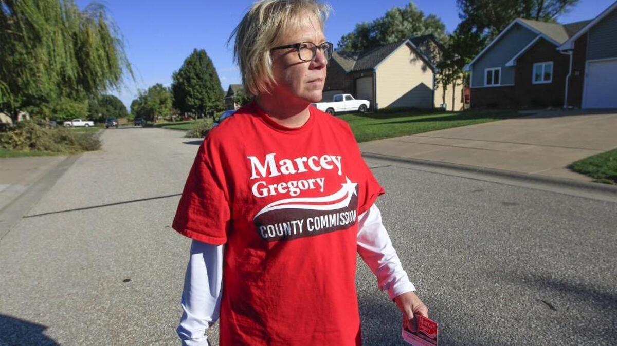 Sedgwick County Commission candidate Marcey Gregory campaigns in Goddard. (Oct. 12, 2016)