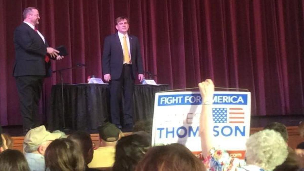 Democrat James Thompson, left, and Libertarian Chris Rockhold prepare to speak Thursday night at a congressional forum at Friends University. (March 16, 2017)