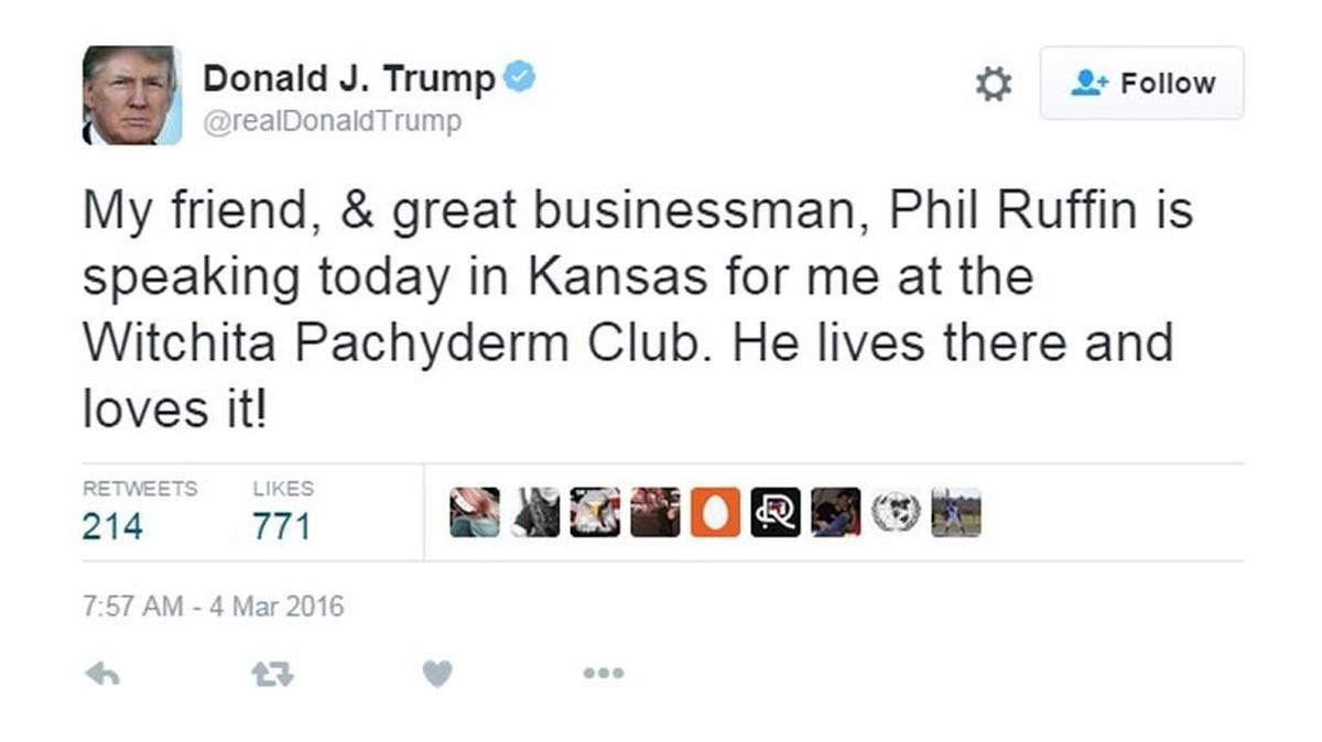 A screenshot of Donald Trump’s tweet misspelling Wichita as ‘Witchita’.