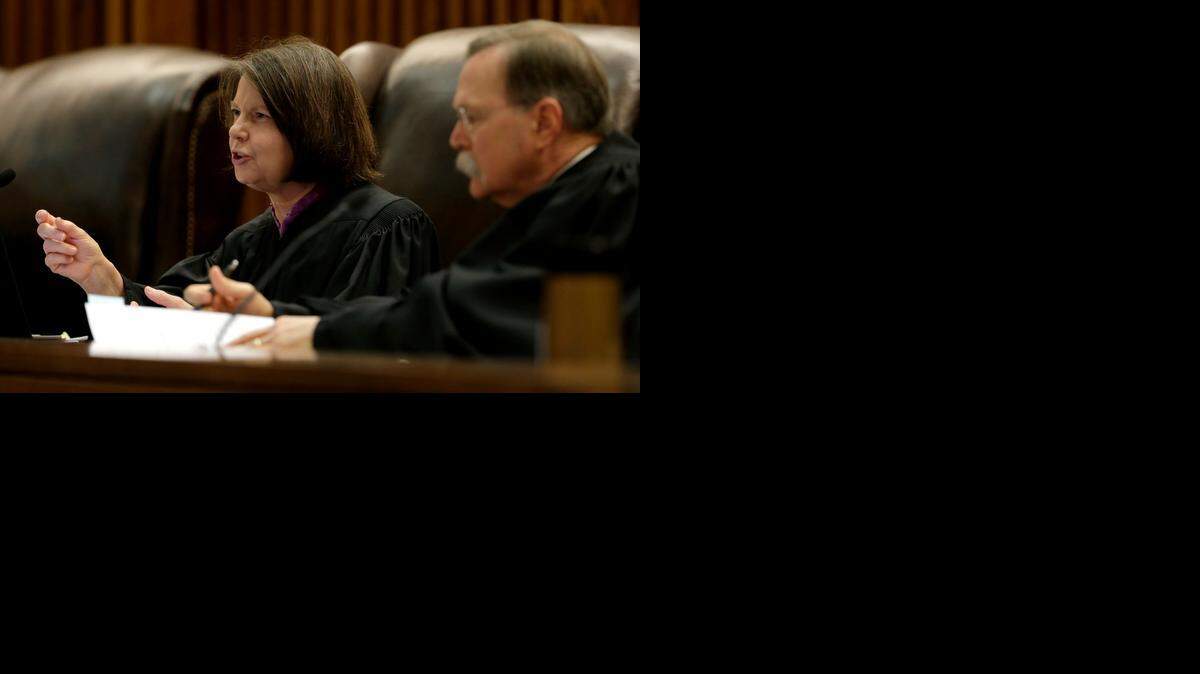 
Kansas Supreme Court Justice Marla J. Luckert asks questions during a hearing over a petition brought by former Democratic U.S. Senate candidate Chad Taylor against Kansas Secretary of State Kris Kobach seeking removal of Taylor’s name from the ballot.
