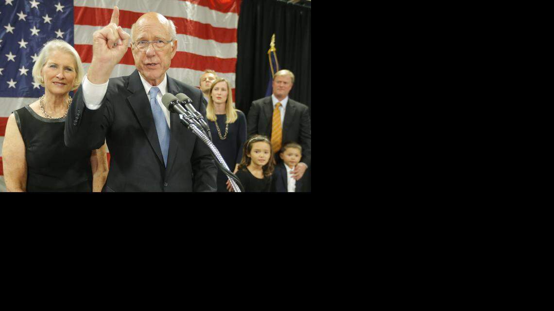 
Senator Pat Roberts address a cheering crowd at the Capitol Plaza Hotel in Topeka after he was declared the winner over independent Greg Orman on Tuesday night.
