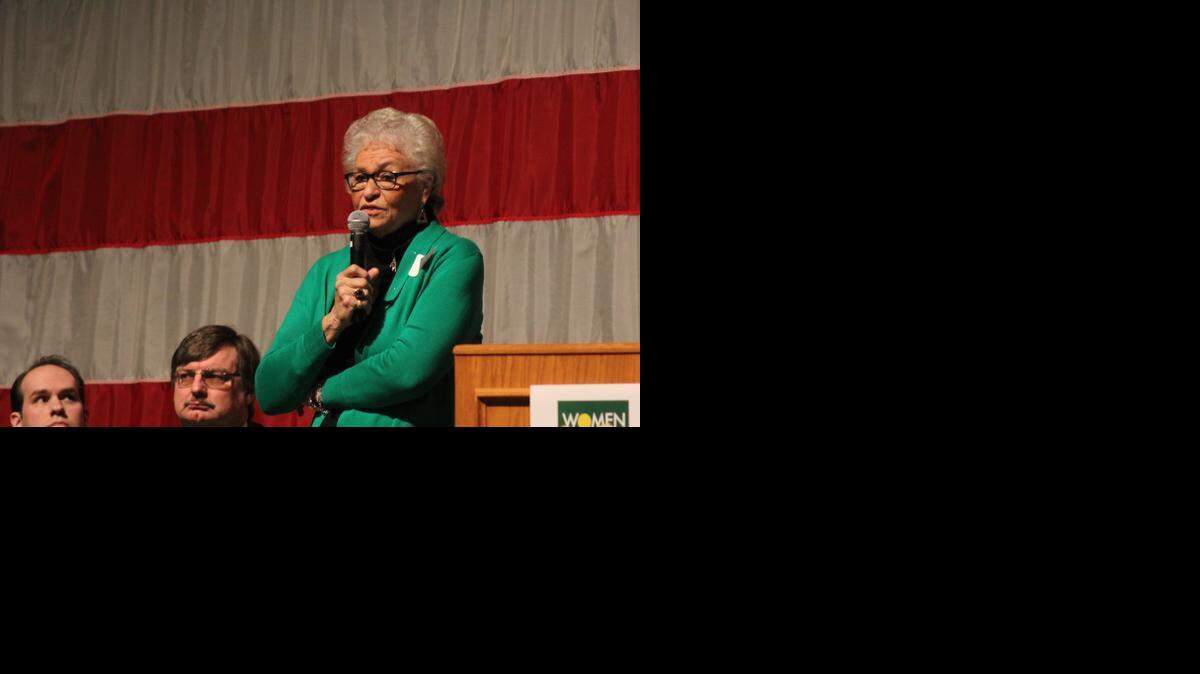 
Wichita mayoral candidate Fran Jackson speaks about her qualifications for the office at a forum Tuesday night at the Wichita Scottish Rite.

