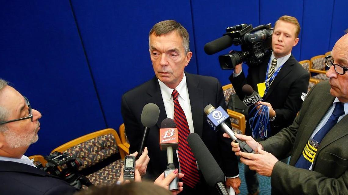 Alan Rupe, an attorney representing public school districts and students in Kansas, is questioned by the media after making oral arguments on school finance to the Kansas Supreme Court on May 10 in Topeka.