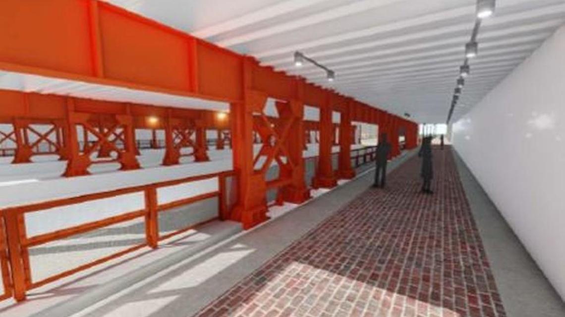 Artists conception of Douglas Avenue undercrossing after the pigeons are removed, lighting and rails are added, and walls and girders are repainted.