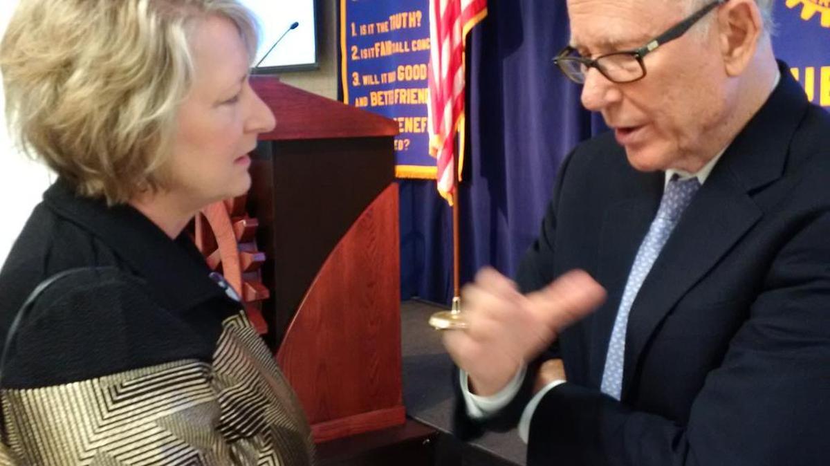 Sen. Pat Roberts speaks with Friends University President Amy Carey after making a speech to the Rotary Club. (Aug. 14, 2017)