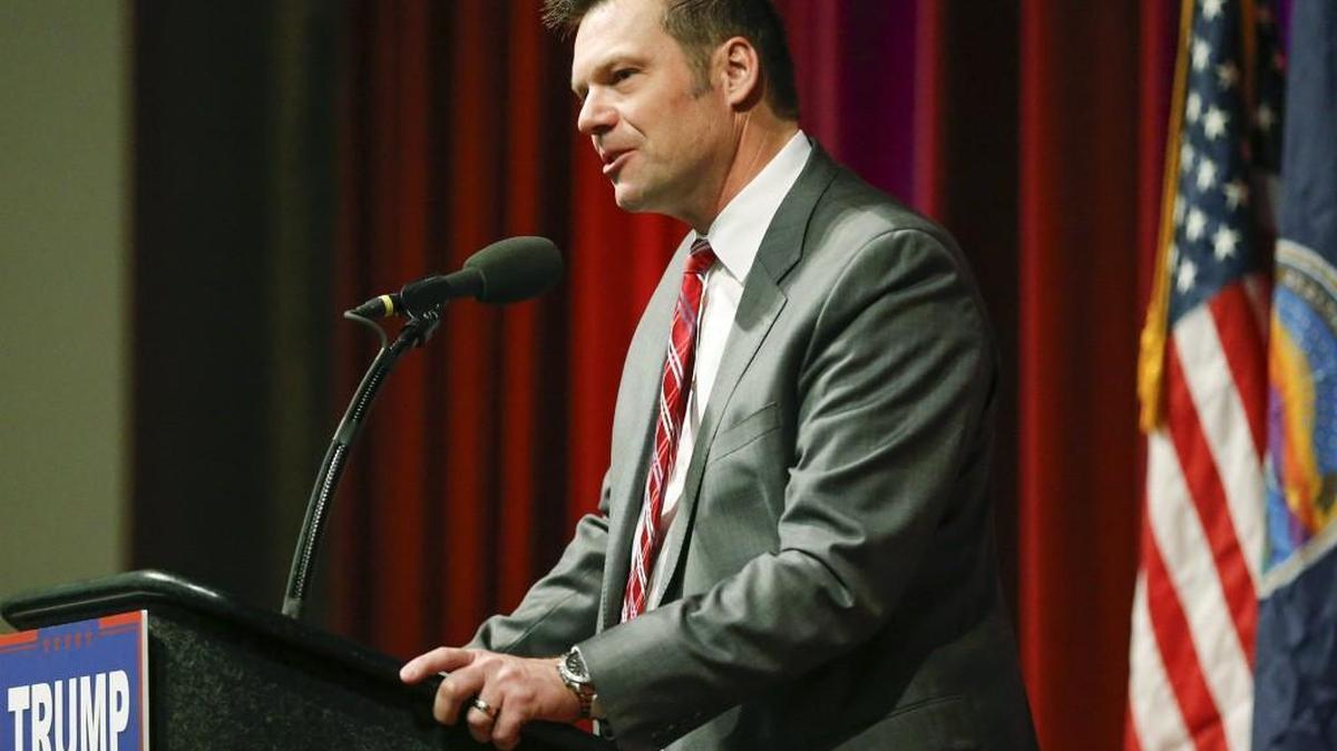 Kansas Secretary of State Kris Kobach speaks at Donald Trump’s rally in Wichita earlier this year. (March 5, 2016)