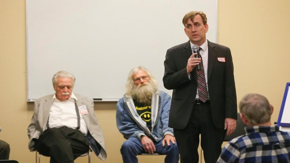 Chris Rockhold speaks at a Libertarian nomination meeting on Feb. 11. The Wichita flight instructor is the Libertarian Party’s nominee for the 4th Congressional District.