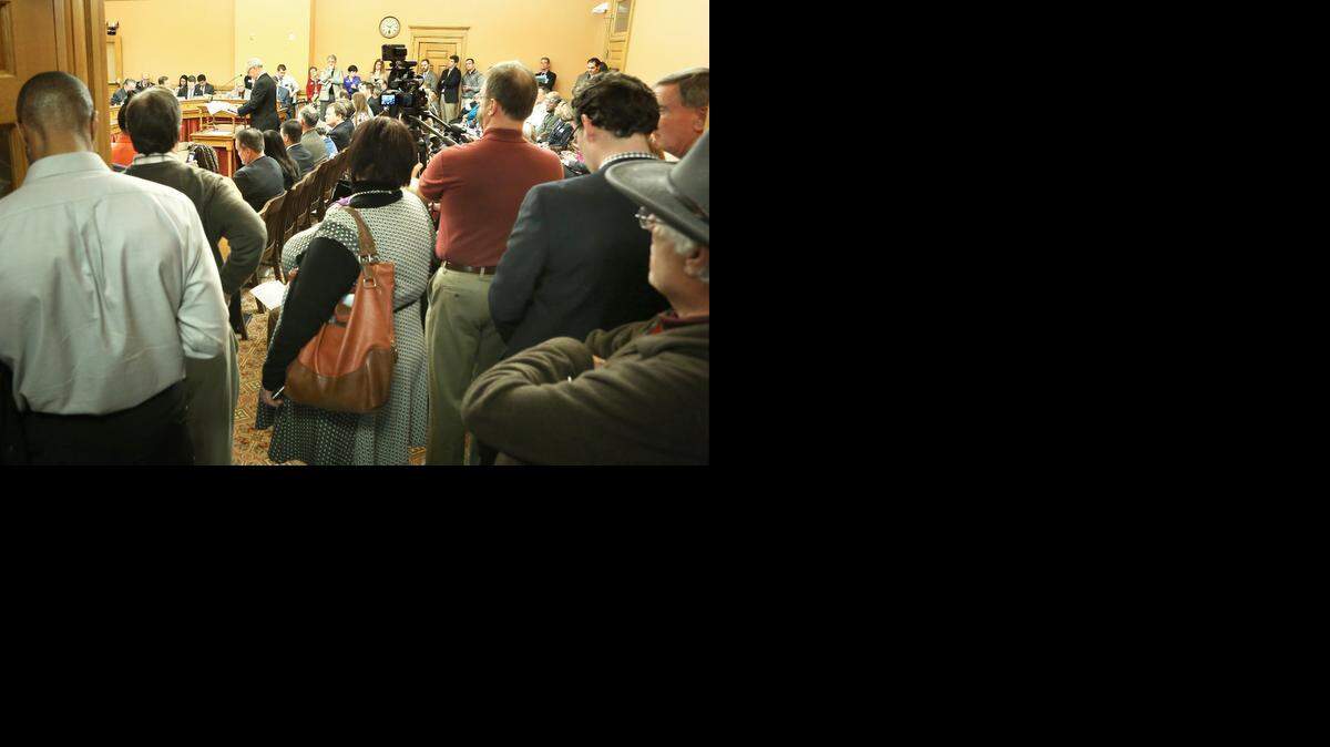 
It was standing room only Wednesday as the House Health and Human Services committee held a hearing for the proponents of the expansion of Medicaid in Kansas. The crowd spilled out of the doors of the committee room and into the hallway. Opponents to the measure will testify Thursday. (March 18, 2015) 
