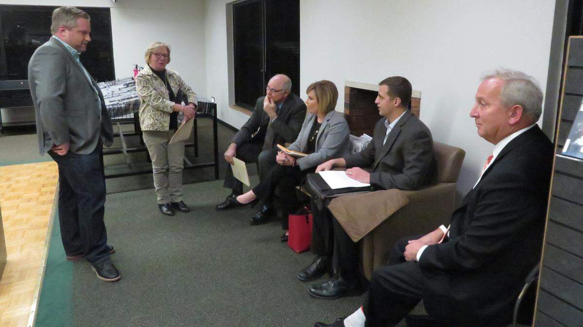 Six of the seven candidates for the open District 2 seat on the Wichita City Council wait for their turn to speak at a recent District Advisory Board meeting. From left, Tyler Cooper, Marcey Gregory, Charles Schmidt, Becky Tuttle, Daniel Rutherford and Alex Meitzner. The seventh candidate is David Babich.