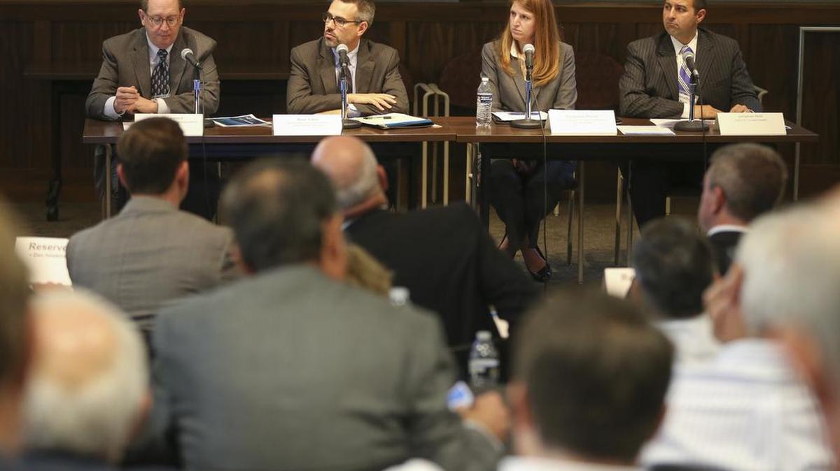 From left: Doug Leonard, president of the Indiana Hospital Association; Brian Tabor, vice president of government relations, Indiana Hospital Association; Georgiana Reynal, director of advocacy and government relations for St. Vincent Health; and Jonathan Nalli, CEO of St. Vincent Health, speak during a panel discussion on Medicaid expansion at the Kansas Health Foundation on Tuesday.