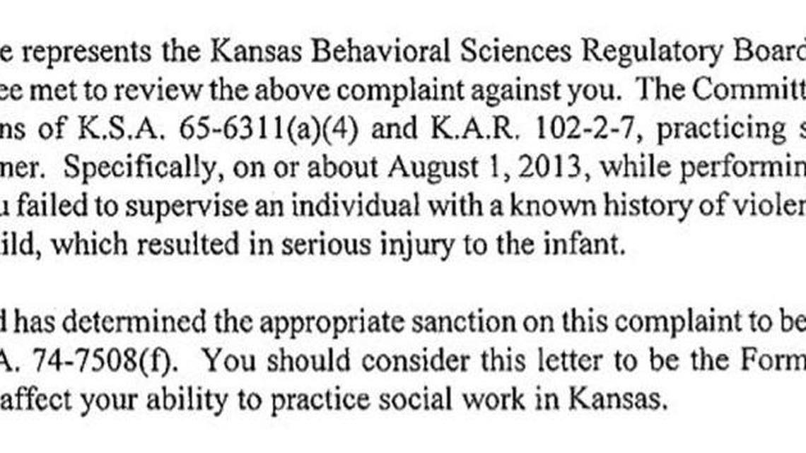 An excerpt from a censure letter sent by the Kansas Behavioral Sciences Regulatory Board to a social worker in 2014.